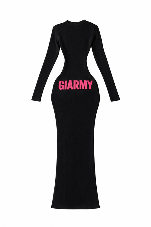 Black dress with pink 'GIARMY' text on a white background